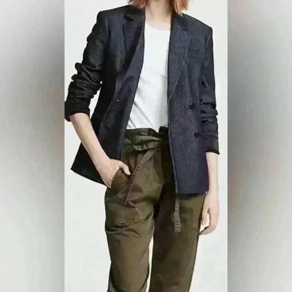 🔥🔥 NWOT Theory Double Breasted Deadstock Denim Coat Blazer Dark Blue 00 Jacket - Picture 6 of 16